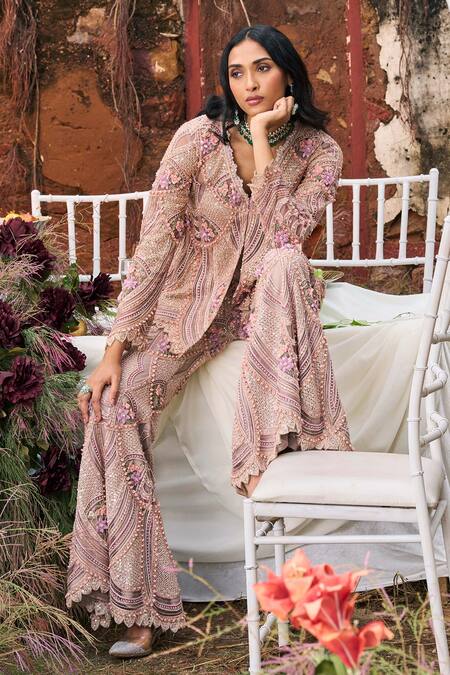 Buy Ridhima Bhasin Pink Net Sequins, Beads V-neck Amour 3d Floral Embroidered Tunic With Pant Buy_Ridhima Bhasin_Pink Net Sequins, Beads V-neck Amour 3d Floral Embroidered Tunic With Pant