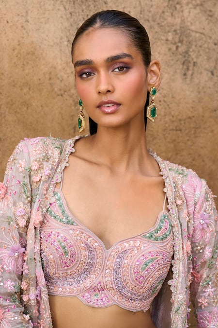 Shop Ridhima Bhasin Pink Crepe, Organza Sequins, Beads, Fabric Eternity Jacket With Dhoti Pant Set Online at Aza Fashions Shop_Ridhima Bhasin_Pink Crepe, Organza Sequins, Beads, Fabric Eternity Jacket With Dhoti Pant Set _Online_at_Aza_Fashions