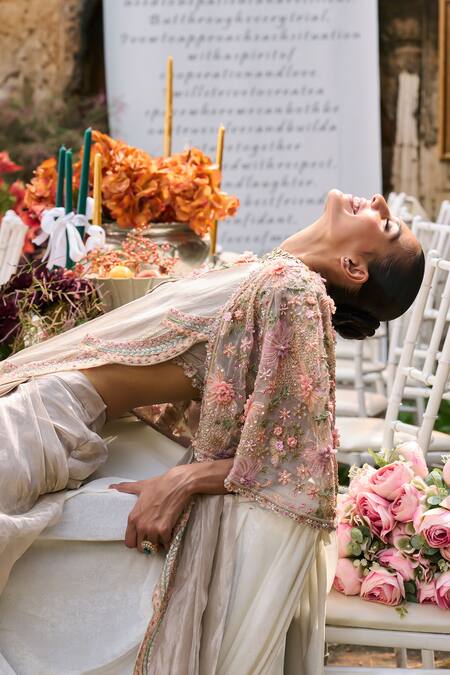 Ridhima Bhasin Purple Organza Sequins, Embroidery, Beads Amour Pre-draped Saree Set With Cape Online at Aza Fashions Ridhima Bhasin_Purple Organza Sequins, Embroidery, Beads Amour Pre-draped Saree Set With Cape _Online_at_Aza_Fashions