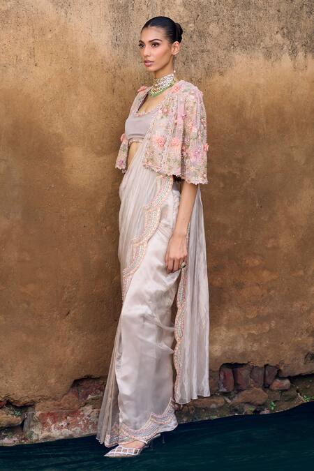 Shop Ridhima Bhasin Purple Organza Sequins, Embroidery, Beads Amour Pre-draped Saree Set With Cape Online at Aza Fashions Shop_Ridhima Bhasin_Purple Organza Sequins, Embroidery, Beads Amour Pre-draped Saree Set With Cape _Online_at_Aza_Fashions