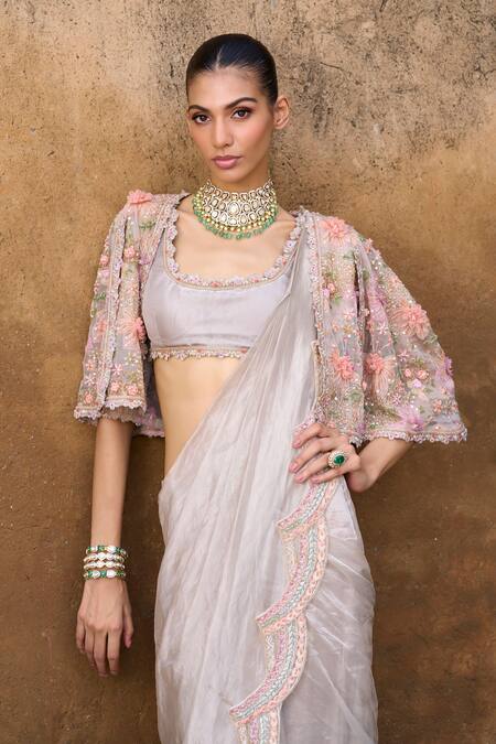 Ridhima Bhasin Purple Organza Sequins, Embroidery, Beads Amour Pre-draped Saree Set With Cape at Aza Fashions Ridhima Bhasin_Purple Organza Sequins, Embroidery, Beads Amour Pre-draped Saree Set With Cape _at_Aza_Fashions