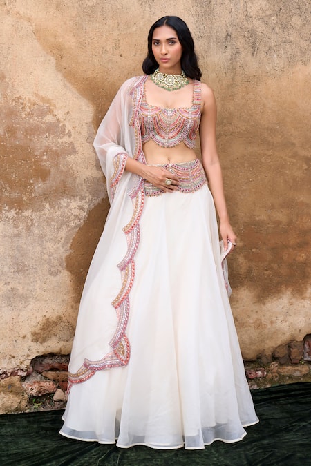 Ridhima Bhasin Ivory Organza Embroidered Thread Square Sukoon Waist Lehenga Blouse Set 