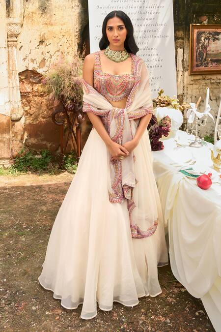 Buy Ridhima Bhasin Ivory Organza, Net Sequins, Pearls, Sukoon Embroidered Waist Lehenga Blouse Set Buy_Ridhima Bhasin_Ivory Organza, Net Sequins, Pearls, Sukoon Embroidered Waist Lehenga Blouse Set
