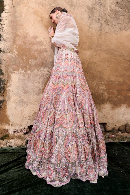 Shop Ridhima Bhasin Pink Organza Pearls, Sequins, Beads Sitara Embroidered Lehenga Blouse Set at Aza Fashions Shop_Ridhima Bhasin_Pink Organza Pearls, Sequins, Beads Sitara Embroidered Lehenga Blouse Set _at_Aza_Fashions