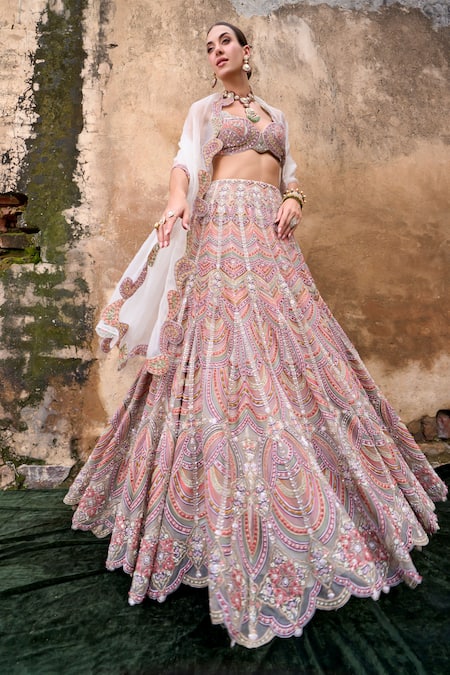 Ridhima Bhasin Pink Organza Pearls, Sequins, Beads Sitara Embroidered Lehenga Blouse Set Online at Aza Fashions Ridhima Bhasin_Pink Organza Pearls, Sequins, Beads Sitara Embroidered Lehenga Blouse Set _Online_at_Aza_Fashions