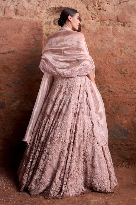 Shop Ridhima Bhasin Pink Organza, Tissue Beads, Pearls Sweetheart Neck Eden Embroidered Lehenga Set at Aza Fashions Shop_Ridhima Bhasin_Pink Organza, Tissue Beads, Pearls Sweetheart Neck Eden Embroidered Lehenga Set _at_Aza_Fashions