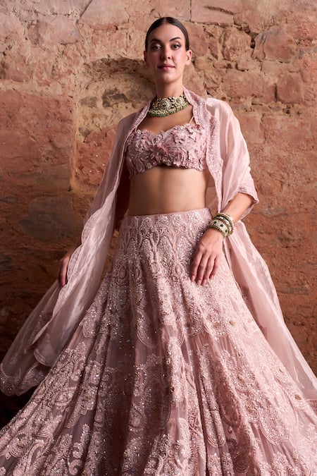 Ridhima Bhasin Pink Organza, Tissue Beads, Pearls Sweetheart Neck Eden Embroidered Lehenga Set Online at Aza Fashions Ridhima Bhasin_Pink Organza, Tissue Beads, Pearls Sweetheart Neck Eden Embroidered Lehenga Set _Online_at_Aza_Fashions