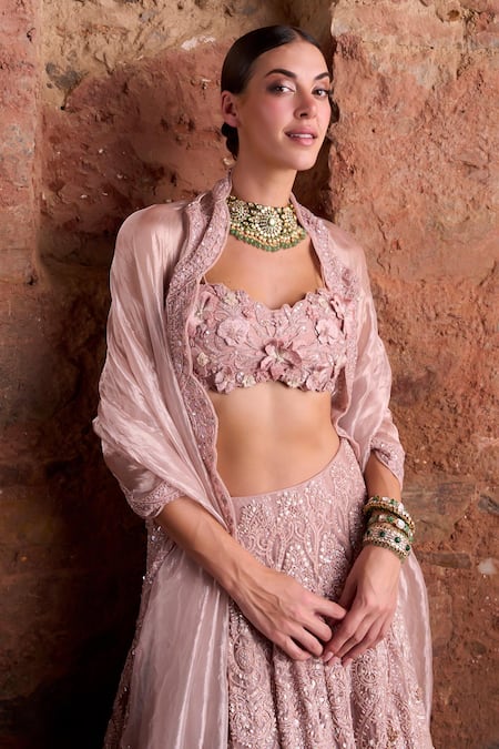 Shop Ridhima Bhasin Pink Organza, Tissue Beads, Pearls Sweetheart Neck Eden Embroidered Lehenga Set Online at Aza Fashions Shop_Ridhima Bhasin_Pink Organza, Tissue Beads, Pearls Sweetheart Neck Eden Embroidered Lehenga Set _Online_at_Aza_Fashions