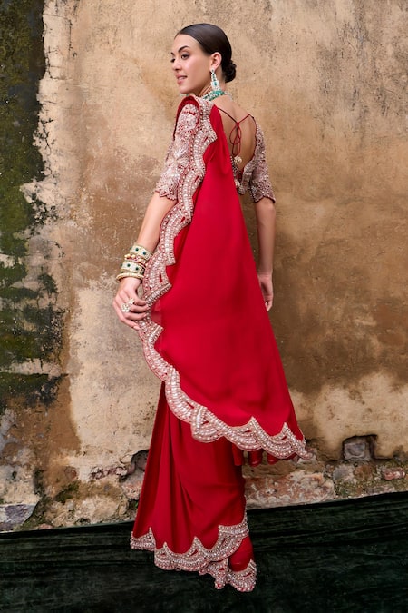 Shop Ridhima Bhasin Red Organza, Chiffon Beads, Rubina Embroidered Hem Pre-draped Saree With Blouse at Aza Fashions Shop_Ridhima Bhasin_Red Organza, Chiffon Beads, Rubina Embroidered Hem Pre-draped Saree With Blouse _at_Aza_Fashions