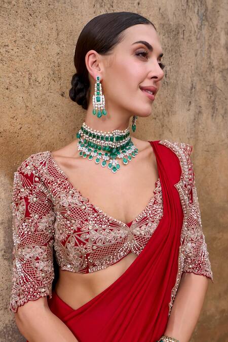 Ridhima Bhasin Red Organza, Chiffon Beads, Rubina Embroidered Hem Pre-draped Saree With Blouse Online at Aza Fashions Ridhima Bhasin_Red Organza, Chiffon Beads, Rubina Embroidered Hem Pre-draped Saree With Blouse _Online_at_Aza_Fashions