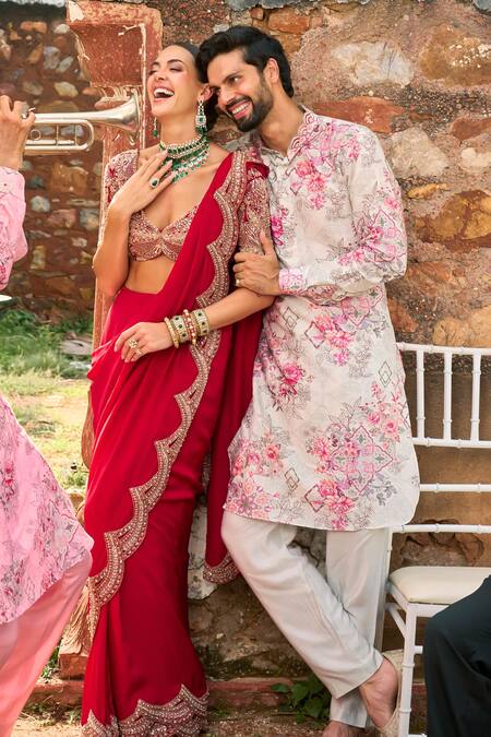 Buy Ridhima Bhasin Red Organza, Chiffon Beads, Rubina Embroidered Hem Pre-draped Saree With Blouse Online at Aza Fashions Buy_Ridhima Bhasin_Red Organza, Chiffon Beads, Rubina Embroidered Hem Pre-draped Saree With Blouse _Online_at_Aza_Fashions