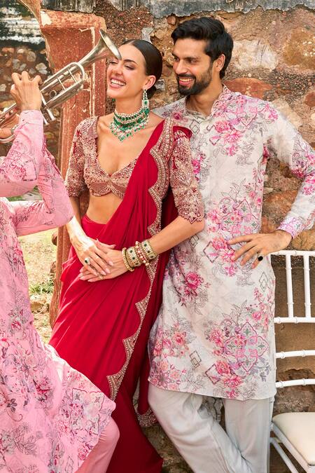 Shop Ridhima Bhasin Red Organza, Chiffon Beads, Rubina Embroidered Hem Pre-draped Saree With Blouse Online at Aza Fashions Shop_Ridhima Bhasin_Red Organza, Chiffon Beads, Rubina Embroidered Hem Pre-draped Saree With Blouse _Online_at_Aza_Fashions