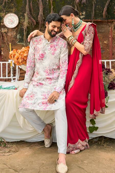 Buy Ridhima Bhasin Red Organza, Chiffon Beads, Rubina Embroidered Hem Pre-draped Saree With Blouse Buy_Ridhima Bhasin_Red Organza, Chiffon Beads, Rubina Embroidered Hem Pre-draped Saree With Blouse