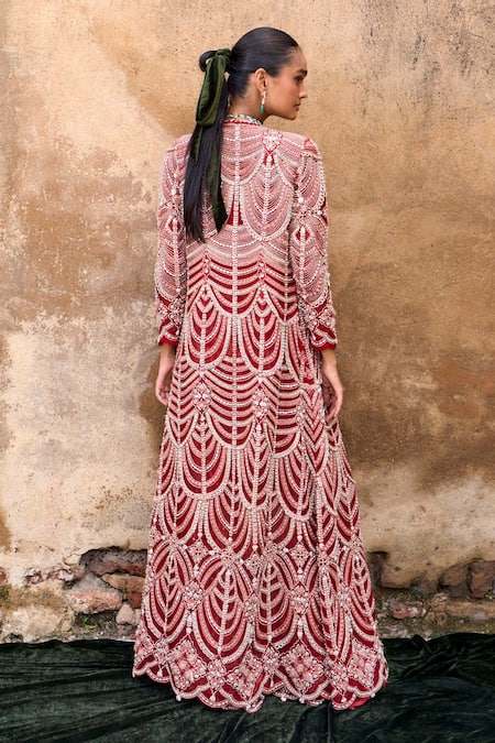 Shop Ridhima Bhasin Red Organza, Net Embroidery, Sequins Sweetheart Neck, Mehr Jacket With Pant Set at Aza Fashions Shop_Ridhima Bhasin_Red Organza, Net Embroidery, Sequins Sweetheart Neck, Mehr Jacket With Pant Set _at_Aza_Fashions