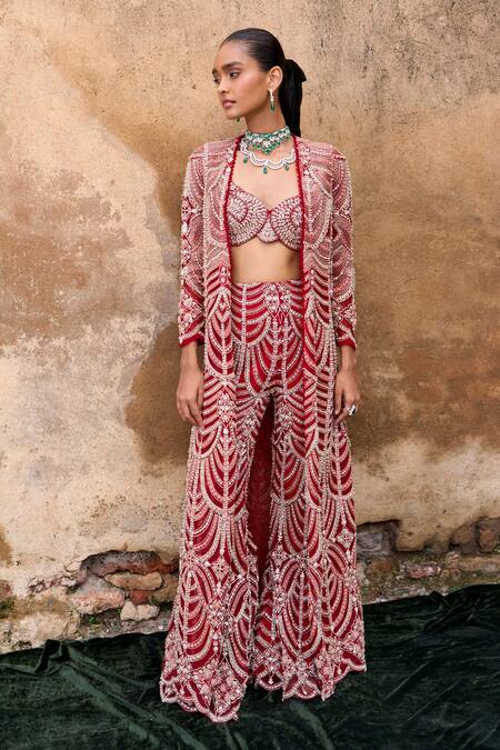 Buy Ridhima Bhasin Red Organza, Net Embroidery, Sequins Sweetheart Neck, Mehr Jacket With Pant Set Online at Aza Fashions Buy_Ridhima Bhasin_Red Organza, Net Embroidery, Sequins Sweetheart Neck, Mehr Jacket With Pant Set _Online_at_Aza_Fashions