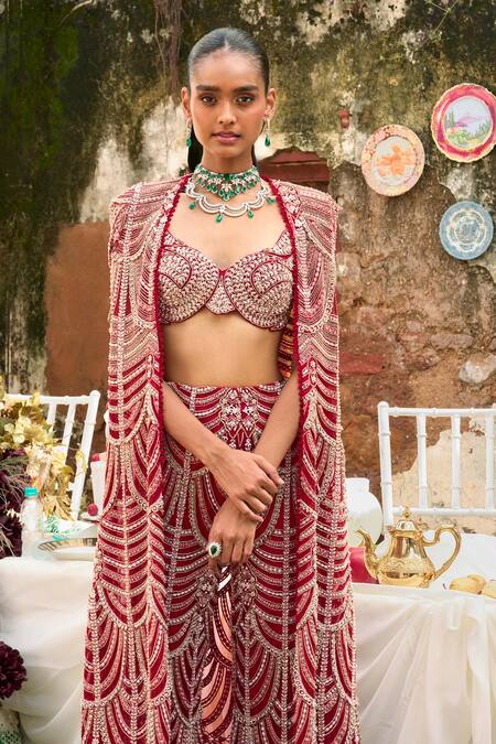 Ridhima Bhasin Red Organza, Net Embroidery, Sequins Sweetheart Neck, Mehr Jacket With Pant Set at Aza Fashions Ridhima Bhasin_Red Organza, Net Embroidery, Sequins Sweetheart Neck, Mehr Jacket With Pant Set _at_Aza_Fashions