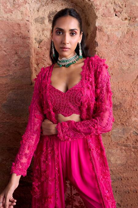 Shop Ridhima Bhasin Pink Organza, Crepe Beads, Sequins, Fabric Lali Jacket With Dhoti Pant Set Online at Aza Fashions Shop_Ridhima Bhasin_Pink Organza, Crepe Beads, Sequins, Fabric Lali Jacket With Dhoti Pant Set _Online_at_Aza_Fashions
