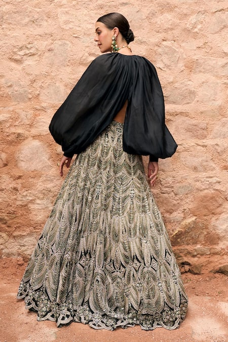Shop Ridhima Bhasin Black Organza, Net Sequins, Beads Leila Embroidered Lehenga Set With Cape at Aza Fashions Shop_Ridhima Bhasin_Black Organza, Net Sequins, Beads Leila Embroidered Lehenga Set With Cape _at_Aza_Fashions