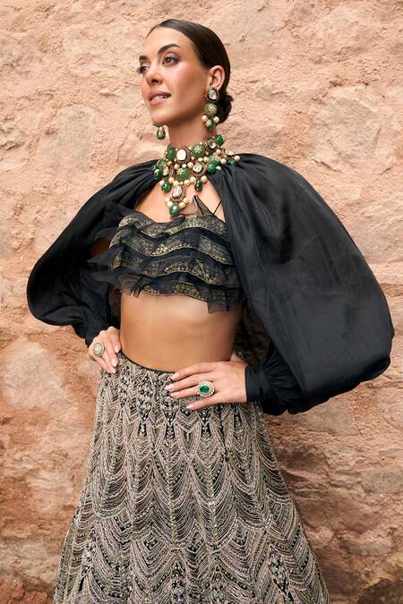 Ridhima Bhasin Black Organza, Net Sequins, Beads Leila Embroidered Lehenga Set With Cape Online at Aza Fashions Ridhima Bhasin_Black Organza, Net Sequins, Beads Leila Embroidered Lehenga Set With Cape _Online_at_Aza_Fashions