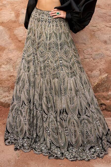 Buy Ridhima Bhasin Black Organza, Net Sequins, Beads Leila Embroidered Lehenga Set With Cape Online at Aza Fashions Buy_Ridhima Bhasin_Black Organza, Net Sequins, Beads Leila Embroidered Lehenga Set With Cape _Online_at_Aza_Fashions