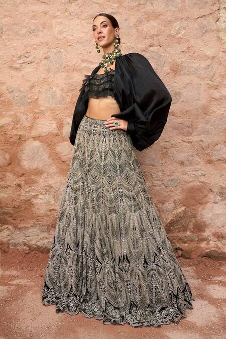 Shop Ridhima Bhasin Black Organza, Net Sequins, Beads Leila Embroidered Lehenga Set With Cape Online at Aza Fashions Shop_Ridhima Bhasin_Black Organza, Net Sequins, Beads Leila Embroidered Lehenga Set With Cape _Online_at_Aza_Fashions