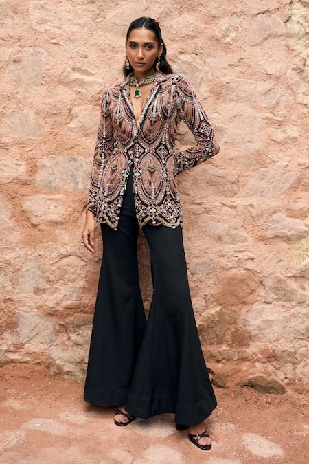 Ridhima Bhasin Black Crepe Embroidered Thread Notch Lapel Raven Blazer With Flared Pant 