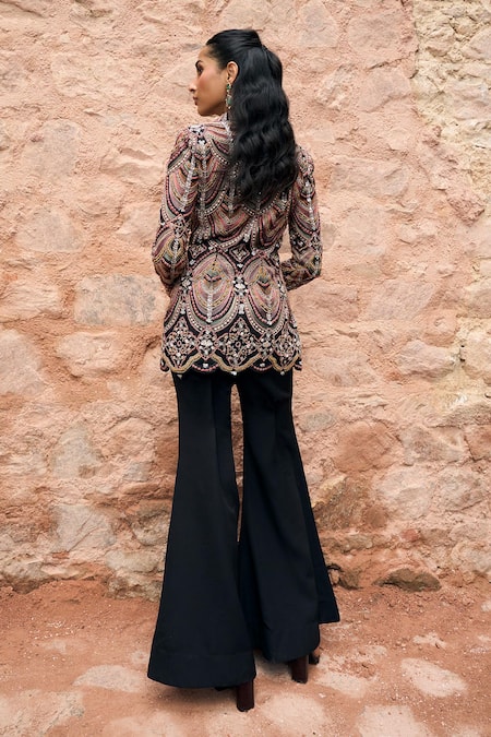 Shop Ridhima Bhasin Black Crepe Embroidered Thread Notch Lapel Raven Blazer With Flared Pant at Aza Fashions Shop_Ridhima Bhasin_Black Crepe Embroidered Thread Notch Lapel Raven Blazer With Flared Pant _at_Aza_Fashions