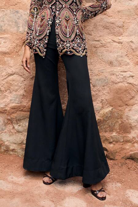 Ridhima Bhasin Black Crepe Embroidered Thread Notch Lapel Raven Blazer With Flared Pant Online at Aza Fashions Ridhima Bhasin_Black Crepe Embroidered Thread Notch Lapel Raven Blazer With Flared Pant _Online_at_Aza_Fashions