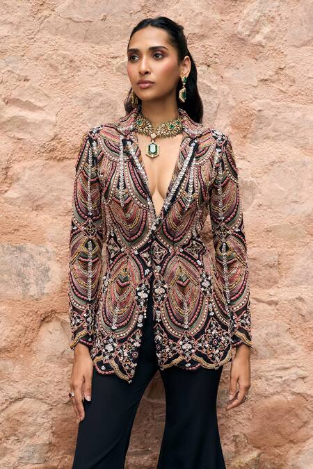 Buy Ridhima Bhasin Black Crepe Embroidered Thread Notch Lapel Raven Blazer With Flared Pant Online at Aza Fashions Buy_Ridhima Bhasin_Black Crepe Embroidered Thread Notch Lapel Raven Blazer With Flared Pant _Online_at_Aza_Fashions