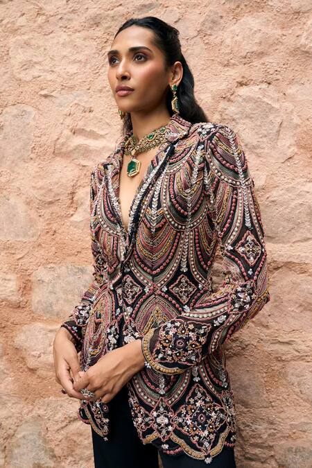 Shop Ridhima Bhasin Black Crepe Embroidered Thread Notch Lapel Raven Blazer With Flared Pant Online at Aza Fashions Shop_Ridhima Bhasin_Black Crepe Embroidered Thread Notch Lapel Raven Blazer With Flared Pant _Online_at_Aza_Fashions