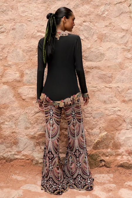 Shop Ridhima Bhasin Black Net Embroidered Paisley Round Ghazal Top With Flared Pant at Aza Fashions Shop_Ridhima Bhasin_Black Net Embroidered Paisley Round Ghazal Top With Flared Pant _at_Aza_Fashions