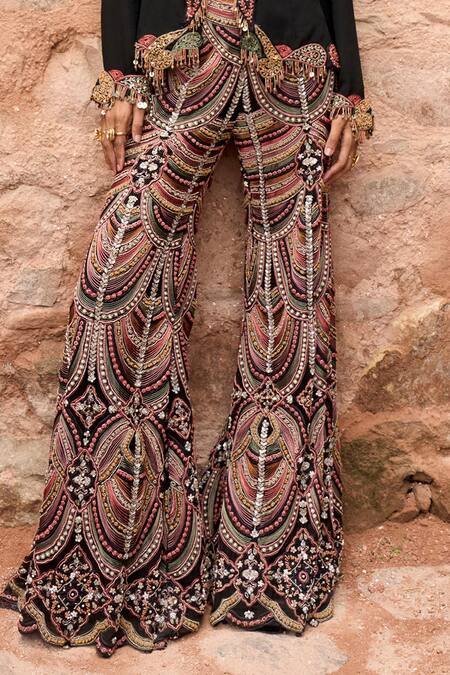 Ridhima Bhasin Black Net Embroidered Paisley Round Ghazal Top With Flared Pant Online at Aza Fashions Ridhima Bhasin_Black Net Embroidered Paisley Round Ghazal Top With Flared Pant _Online_at_Aza_Fashions