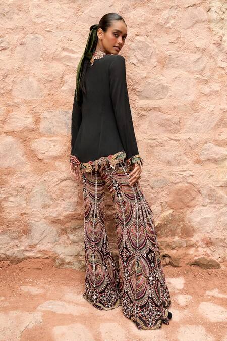 Shop Ridhima Bhasin Black Net Embroidered Paisley Round Ghazal Top With Flared Pant Online at Aza Fashions Shop_Ridhima Bhasin_Black Net Embroidered Paisley Round Ghazal Top With Flared Pant _Online_at_Aza_Fashions