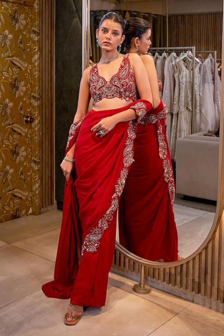 Shop Ridhima Bhasin Red Organza, Chiffon Beads, Pearls, Raihana Hem Pre-draped Saree With Blouse at Aza Fashions Shop_Ridhima Bhasin_Red Organza, Chiffon Beads, Pearls, Raihana Hem Pre-draped Saree With Blouse _at_Aza_Fashions