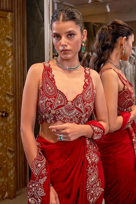 Buy Ridhima Bhasin Red Organza, Chiffon Beads, Pearls, Raihana Hem Pre-draped Saree With Blouse Online at Aza Fashions Buy_Ridhima Bhasin_Red Organza, Chiffon Beads, Pearls, Raihana Hem Pre-draped Saree With Blouse _Online_at_Aza_Fashions