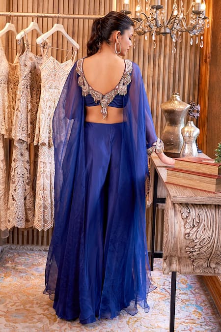 Shop Ridhima Bhasin Blue Silk, Organza Tassels, Beads Safir Embellished Neck Kurta With Palazzo at Aza Fashions Shop_Ridhima Bhasin_Blue Silk, Organza Tassels, Beads Safir Embellished Neck Kurta With Palazzo _at_Aza_Fashions