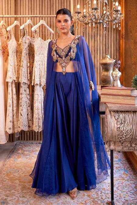 Ridhima Bhasin Blue Silk, Organza Tassels, Beads Safir Embellished Neck Kurta With Palazzo Online at Aza Fashions Ridhima Bhasin_Blue Silk, Organza Tassels, Beads Safir Embellished Neck Kurta With Palazzo _Online_at_Aza_Fashions