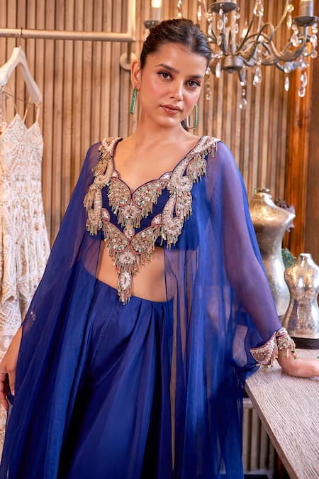 Shop Ridhima Bhasin Blue Silk, Organza Tassels, Beads Safir Embellished Neck Kurta With Palazzo Online at Aza Fashions Shop_Ridhima Bhasin_Blue Silk, Organza Tassels, Beads Safir Embellished Neck Kurta With Palazzo _Online_at_Aza_Fashions