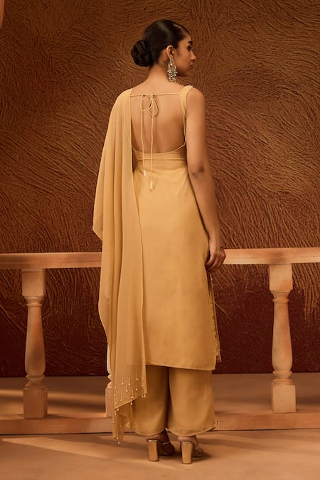 Shop SAANJH BY LEA Beige Georgette, Crepe Pearls, Beads, Embroidery Square Embellished Kurta Set at Aza Fashions Shop_SAANJH BY LEA_Beige Georgette, Crepe Pearls, Beads, Embroidery Square Embellished Kurta Set _at_Aza_Fashions