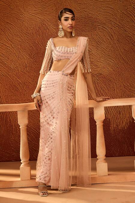 Buy_SAANJH BY LEA_Pink Satin Pearls, Rhinestones Embellished Pre-draped Saree With Blouse _Online_at_Aza_Fashions