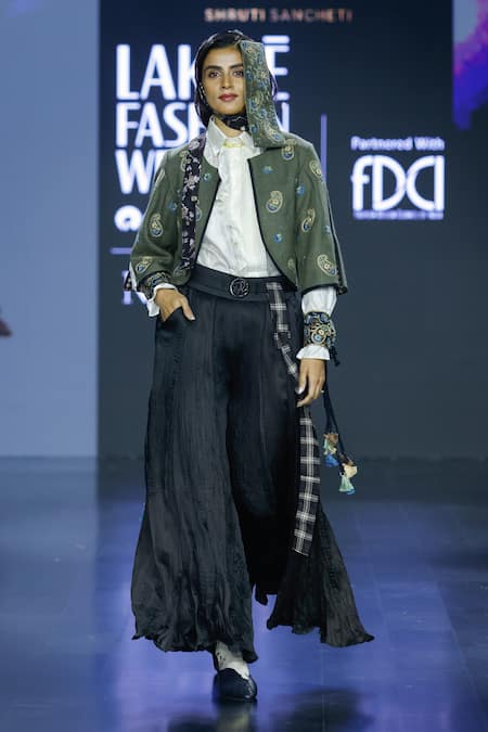 Shruti Sancheti_Black Satin, Silk Crushed Kalidar Culotte _Online_at_Aza_Fashions