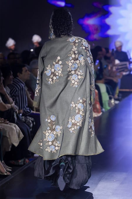 Shop Shruti Sancheti Green Silk, Linen Embroidery Floral Applique Trench Coat at Aza Fashions Shop_Shruti Sancheti_Green Silk, Linen Embroidery Floral Applique Trench Coat _at_Aza_Fashions