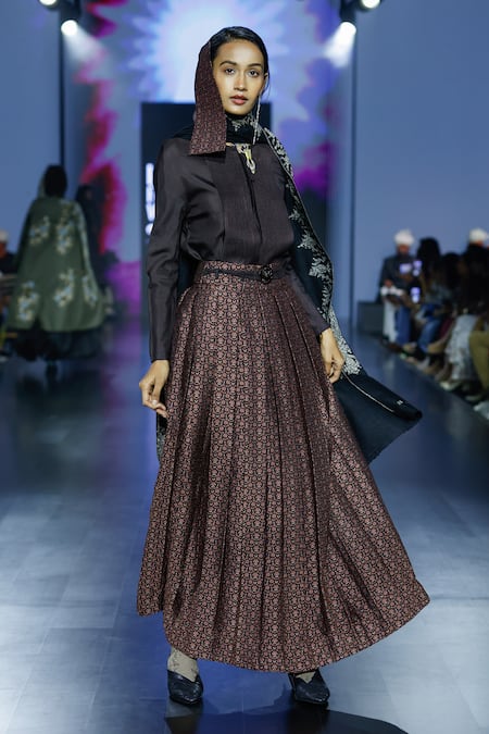 Shop Shruti Sancheti Brown Organza, Silk Embroidery Round Neck Pintucked Yoke Detail Shirt at Aza Fashions Shop_Shruti Sancheti_Brown Organza, Silk Embroidery Round Neck Pintucked Yoke Detail Shirt _at_Aza_Fashions