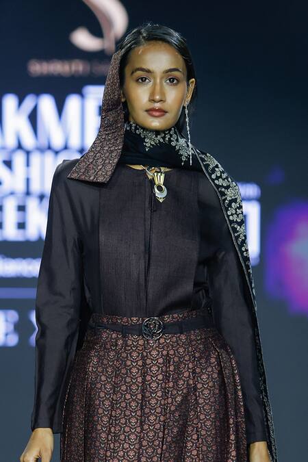 Shruti Sancheti Brown Organza, Silk Embroidery Round Neck Pintucked Yoke Detail Shirt Online at Aza Fashions Shruti Sancheti_Brown Organza, Silk Embroidery Round Neck Pintucked Yoke Detail Shirt _Online_at_Aza_Fashions