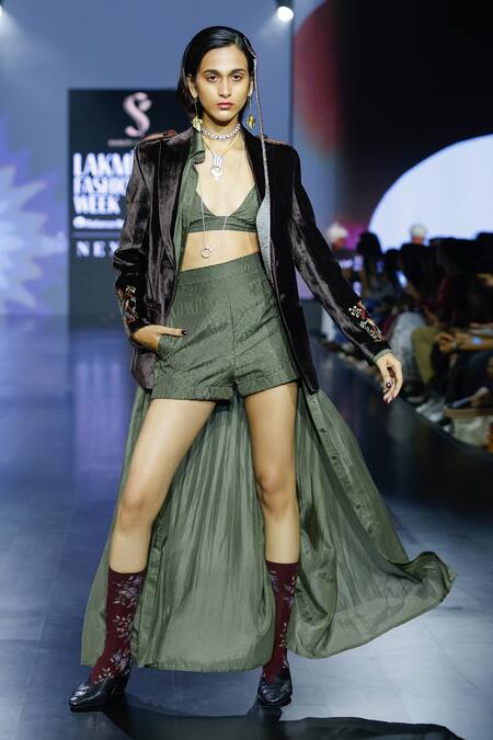 Shruti Sancheti_Brown Silk, Velvet, Linen Embroidery Chintz Blossom Blazer _Online_at_Aza_Fashions