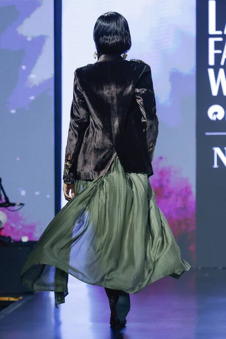 Buy_Shruti Sancheti_Brown Silk, Velvet, Linen Embroidery Chintz Blossom Blazer _Online_at_Aza_Fashions