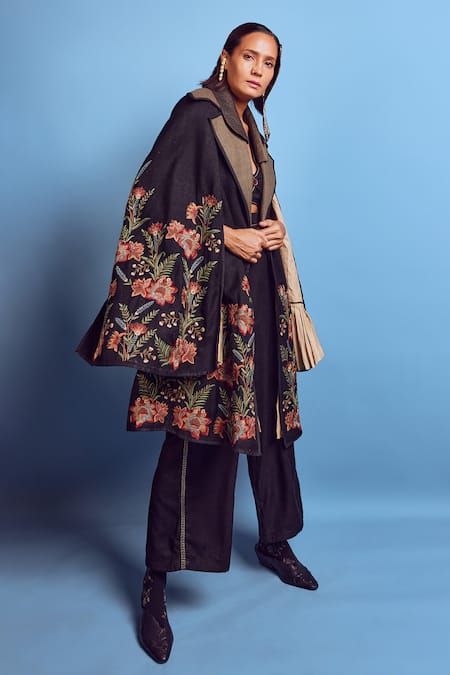 Shruti Sancheti Black Silk Embroidery Chintz Flora Trench Coat Online at Aza Fashions Shruti Sancheti_Black Silk Embroidery Chintz Flora Trench Coat _Online_at_Aza_Fashions