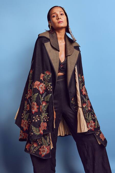 Buy Shruti Sancheti Black Silk Embroidery Chintz Flora Trench Coat Online at Aza Fashions Buy_Shruti Sancheti_Black Silk Embroidery Chintz Flora Trench Coat _Online_at_Aza_Fashions
