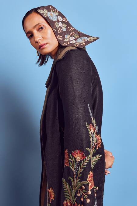 Shop Shruti Sancheti Black Silk Embroidery Chintz Flora Trench Coat Online at Aza Fashions Shop_Shruti Sancheti_Black Silk Embroidery Chintz Flora Trench Coat _Online_at_Aza_Fashions