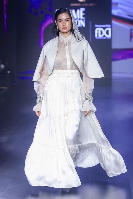 Shop Shruti Sancheti White Organza Embroidery Collared Pintucked Shirt at Aza Fashions Shop_Shruti Sancheti_White Organza Embroidery Collared Pintucked Shirt _at_Aza_Fashions